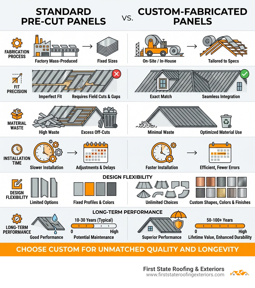 Infographic comparing standard pre-cut metal roofing panels versus custom-fabricated metal roofing panels showing differences in fabrication process, fit precision, material waste, installation time, design flexibility, and long-term performance - custom metal roofing near me infographic 