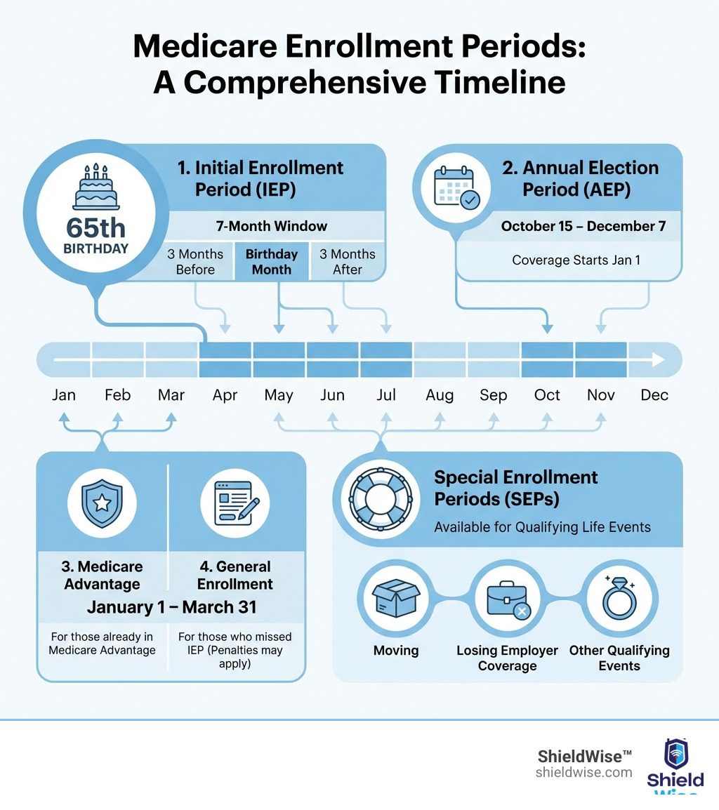 Infographic explaining the 4 main Medicare enrollment periods with dates: Initial Enrollment Period (7 months around 65th birthday), Annual Election Period (October 15 - December 7), Medicare Advantage Open Enrollment (January 1 - March 31), and General Enrollment Period (January 1 - March 31), plus Special Enrollment Periods for qualifying life events - medicare - enrollment and deadlines infographic Infographic explaining the 4 main Medicare enrollment periods with dates: Initial Enrollment Period (7 months around 65th birthday), Annual Election Period (October 15 - December 7), Medicare Advantage Open Enrollment (January 1 - March 31), and General Enrollment Period (January 1 - March 31), plus Special Enrollment Periods for qualifying life events - medicare - enrollment and deadlines infographic