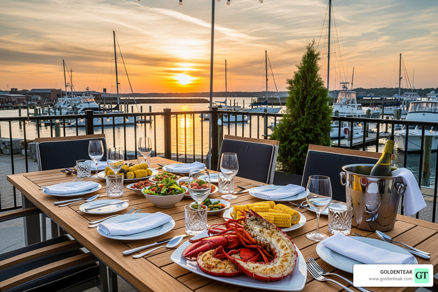 A beautiful meal overlooking the New Bedford harbor at sunset, with elegant outdoor teak dining furniture - new bedford restaurants with outdoor seating