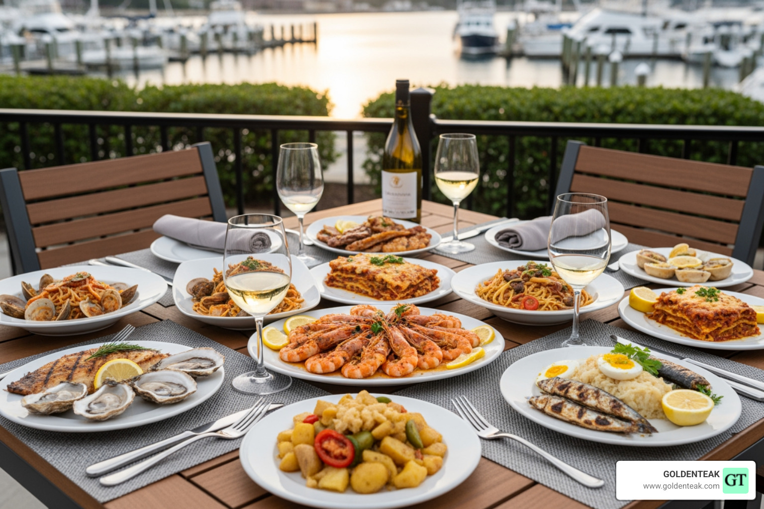 A diverse spread of food, including seafood, Italian, and Portuguese dishes, on an outdoor teak patio table - new bedford restaurants with outdoor seating