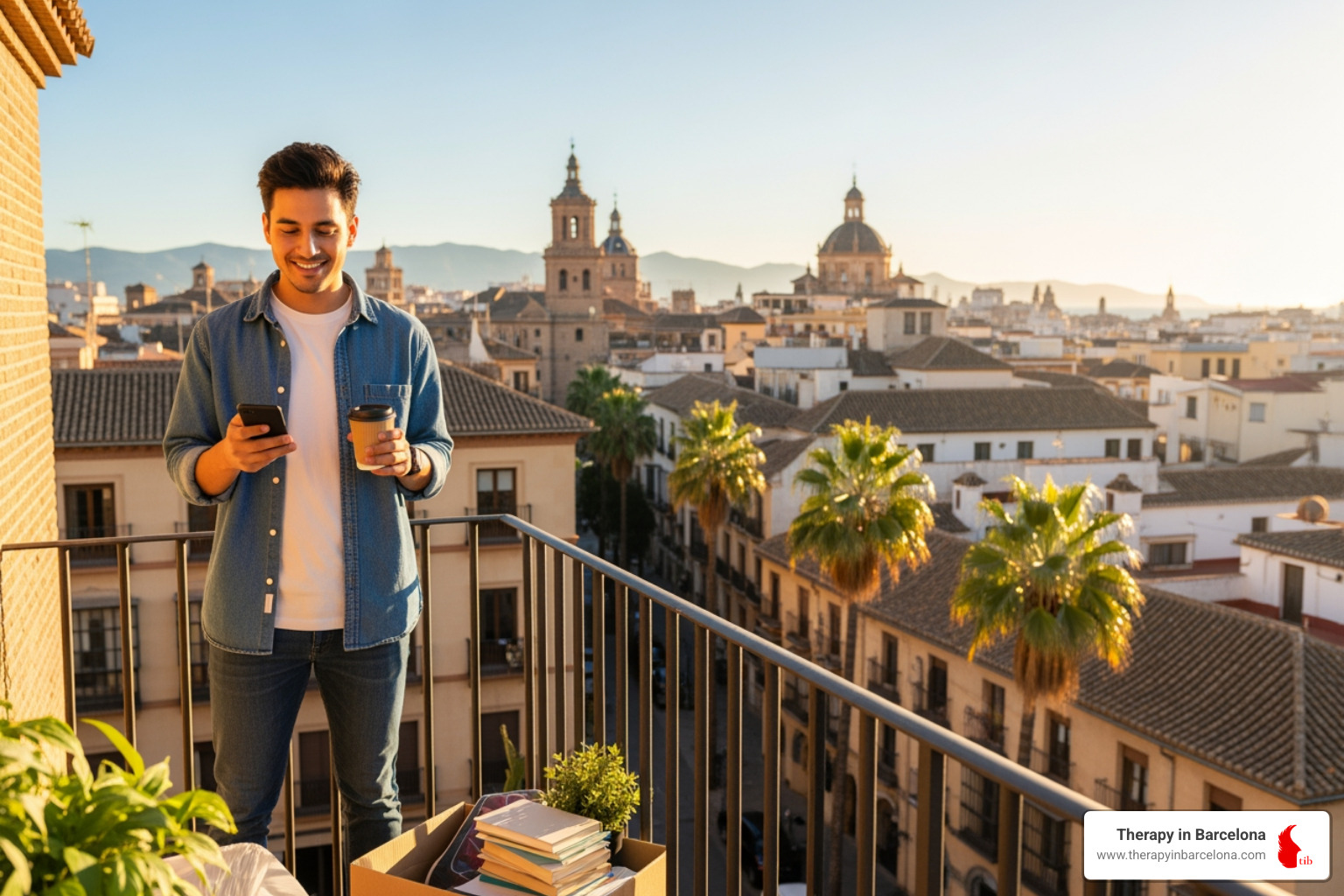 A bright, modern apartment interior in a Spanish city, featuring large windows, light-colored furniture, and a touch of Mediterranean decor. - moving to spain for work