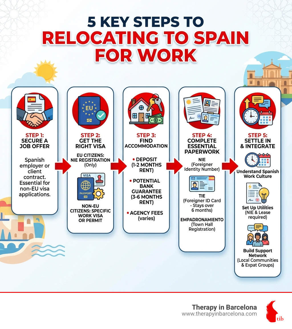 Infographic showing the 5 key steps to relocating to Spain for work: Step 1 - Secure a Job Offer with a Spanish employer or client; Step 2 - Get the Right Visa, showing EU citizens need only NIE registration while non-EU citizens require a specific work visa or permit; Step 3 - Find Accommodation, listing typical costs including deposit of 1-2 months rent, potential bank guarantee of 3-6 months rent, and agency fees; Step 4 - Complete Essential Paperwork including NIE Foreigner Identity Number, TIE Foreigner ID Card for stays over 6 months, and Empadronamiento town hall registration; Step 5 - Settle In and Integrate by understanding Spanish work culture, setting up utilities with your NIE and lease, and building your support network through local communities and expat groups - moving to spain for work infographic 