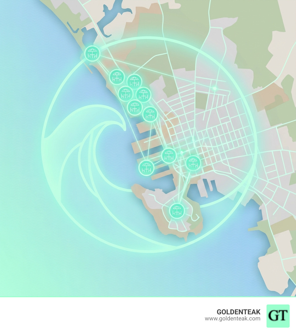 Infographic showing a map of various New Bedford restaurants with outdoor seating options, highlighting their locations near the waterfront and downtown areas - new bedford restaurants with outdoor seating infographic 