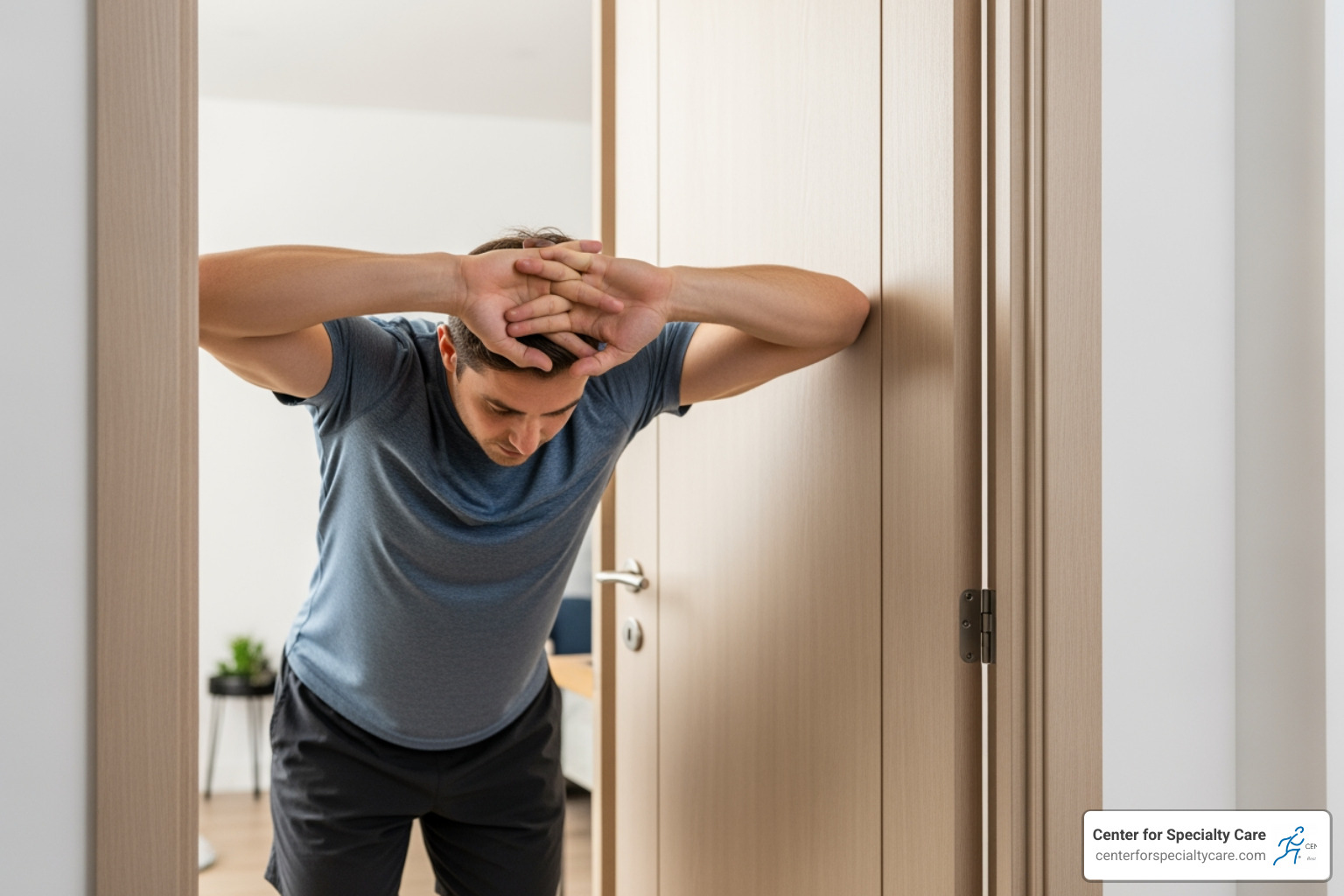 Person performing a doorway chest stretch - how to self heal muscle knot behind shoulder blade