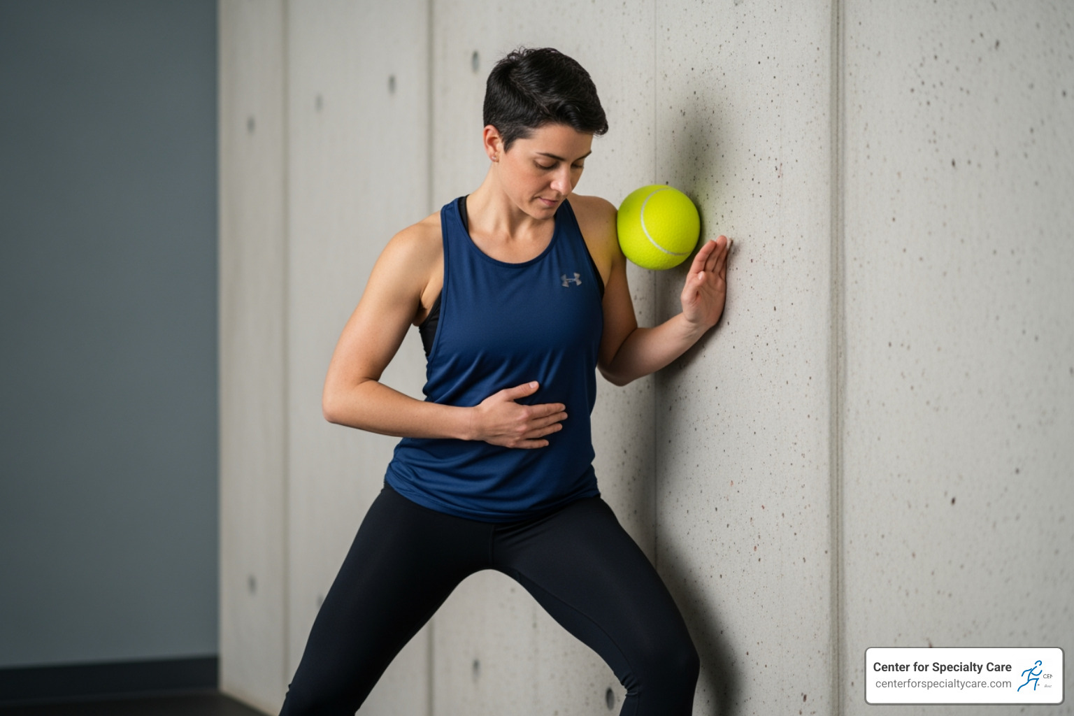 Person using a tennis ball against a wall to massage their shoulder blade area - how to self heal muscle knot behind shoulder blade