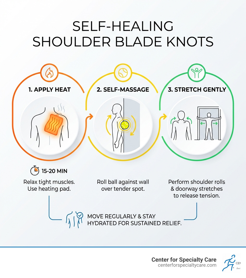 Infographic detailing steps to self-heal a muscle knot behind the shoulder blade, including heat, stretching, and self-massage techniques - how to self heal muscle knot behind shoulder blade infographic 