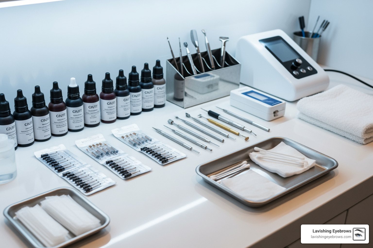Image of a sterile microblading workspace with high-quality pigments - how much does microblading touch up cost