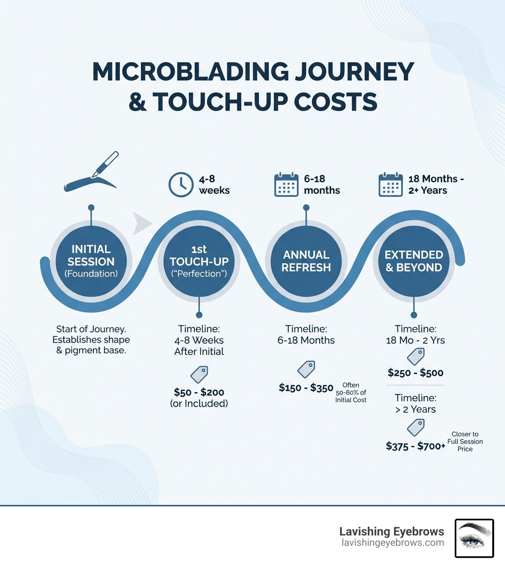 Infographic illustrating the microblading journey from initial session to first touch-up and annual maintenance with typical cost ranges for each stage - how much does microblading touch up cost infographic 
