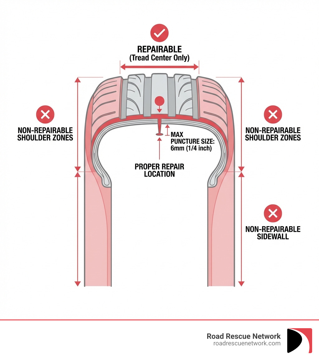 infographic showing tyre anatomy with labeled sections: repairable tread area in center, non-repairable shoulder zones on sides, non-repairable sidewall, plus indicators for maximum puncture size of 6mm and proper location for repair - car tyre puncture at home infographic 