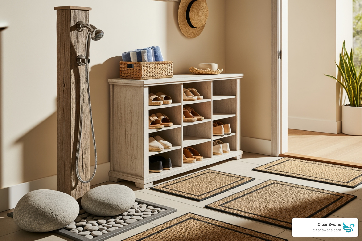 Well-organized beach house entryway with a rinse station and shoe storage - Beach house cleaning