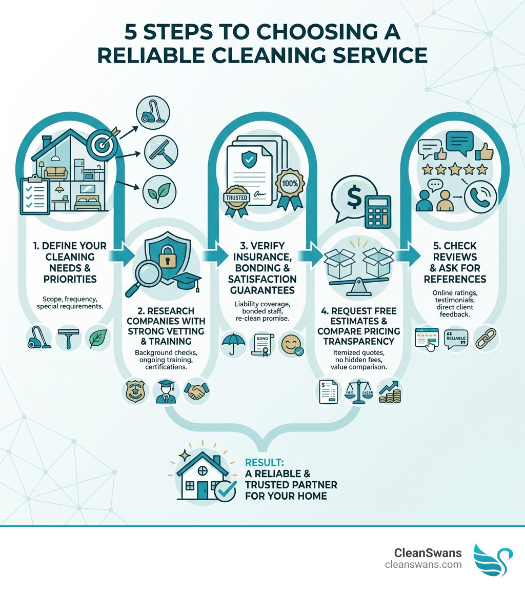 infographic showing 5 steps to choosing a reliable cleaning service: 1. Define your cleaning needs and priorities, 2. Research companies with strong vetting and training, 3. Verify insurance, bonding, and satisfaction guarantees, 4. Request free estimates and compare pricing transparency, 5. Check reviews and ask for references - reliable cleaning service infographic 