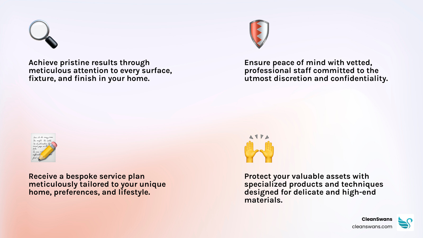 infographic showing four pillars of luxury cleaning: Detail-Driven Execution with magnifying glass icon, Discretion & Confidentiality with shield icon, Personalization & Bespoke Plans with custom blueprint icon, and Preservation of Valuable Assets with protective hands icon - luxury house cleaning infographic 4_facts_emoji_light-gradient