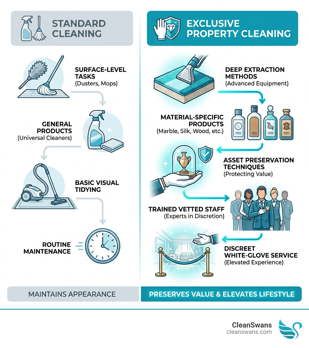 infographic comparing standard cleaning with surface-level tasks and general products versus exclusive property cleaning with deep extraction methods, material-specific products, asset preservation techniques, trained vetted staff, and discreet white-glove service - Exclusive property cleaning infographic infographic comparing standard cleaning with surface-level tasks and general products versus exclusive property cleaning with deep extraction methods, material-specific products, asset preservation techniques, trained vetted staff, and discreet white-glove service - Exclusive property cleaning infographic