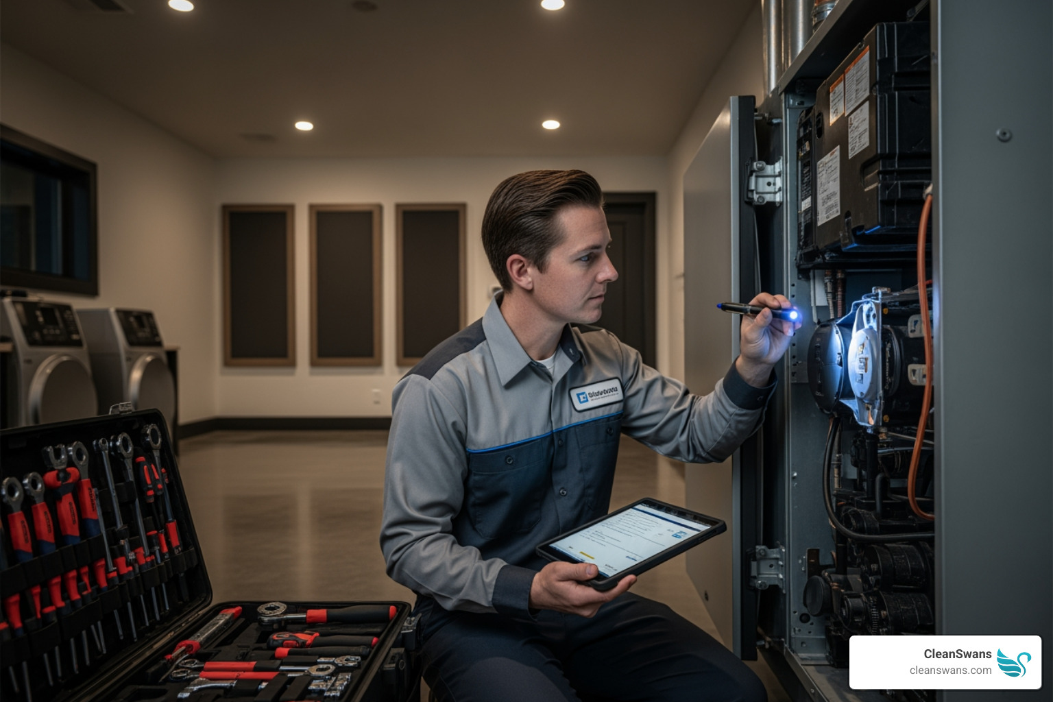 uniformed CleanSwans professional technician inspecting an HVAC system - Elite home services