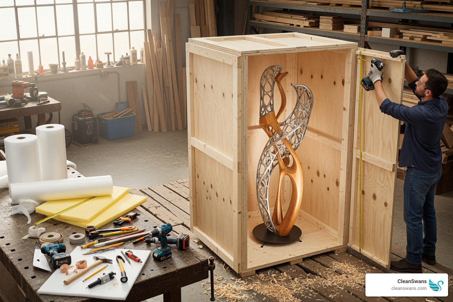 custom crate being built around a delicate sculpture - Luxury white glove service