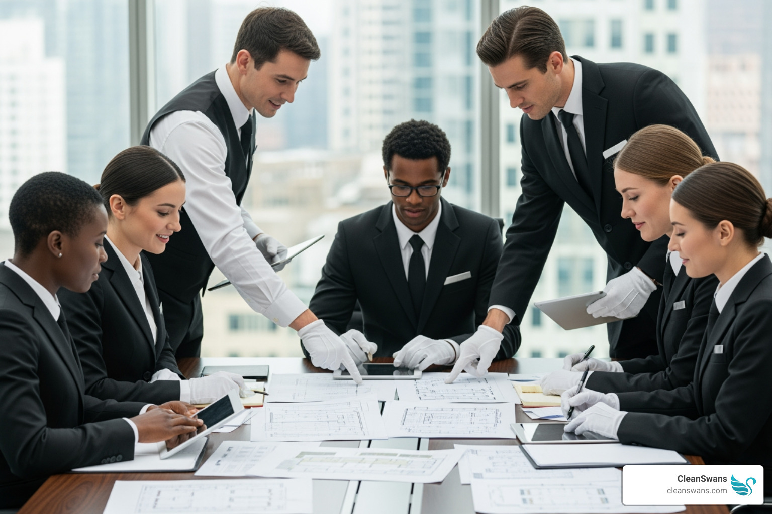 professional team in uniform collaborating on a project plan - Luxury white glove service