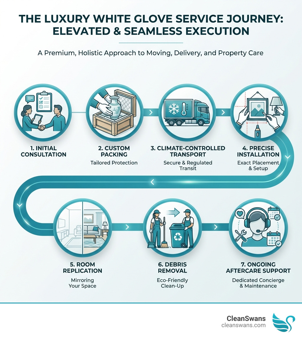 infographic showing the complete journey of luxury white glove service from initial consultation through custom packing, climate-controlled transport, precise installation, room replication, debris removal, and ongoing aftercare support - Luxury white glove service infographic 