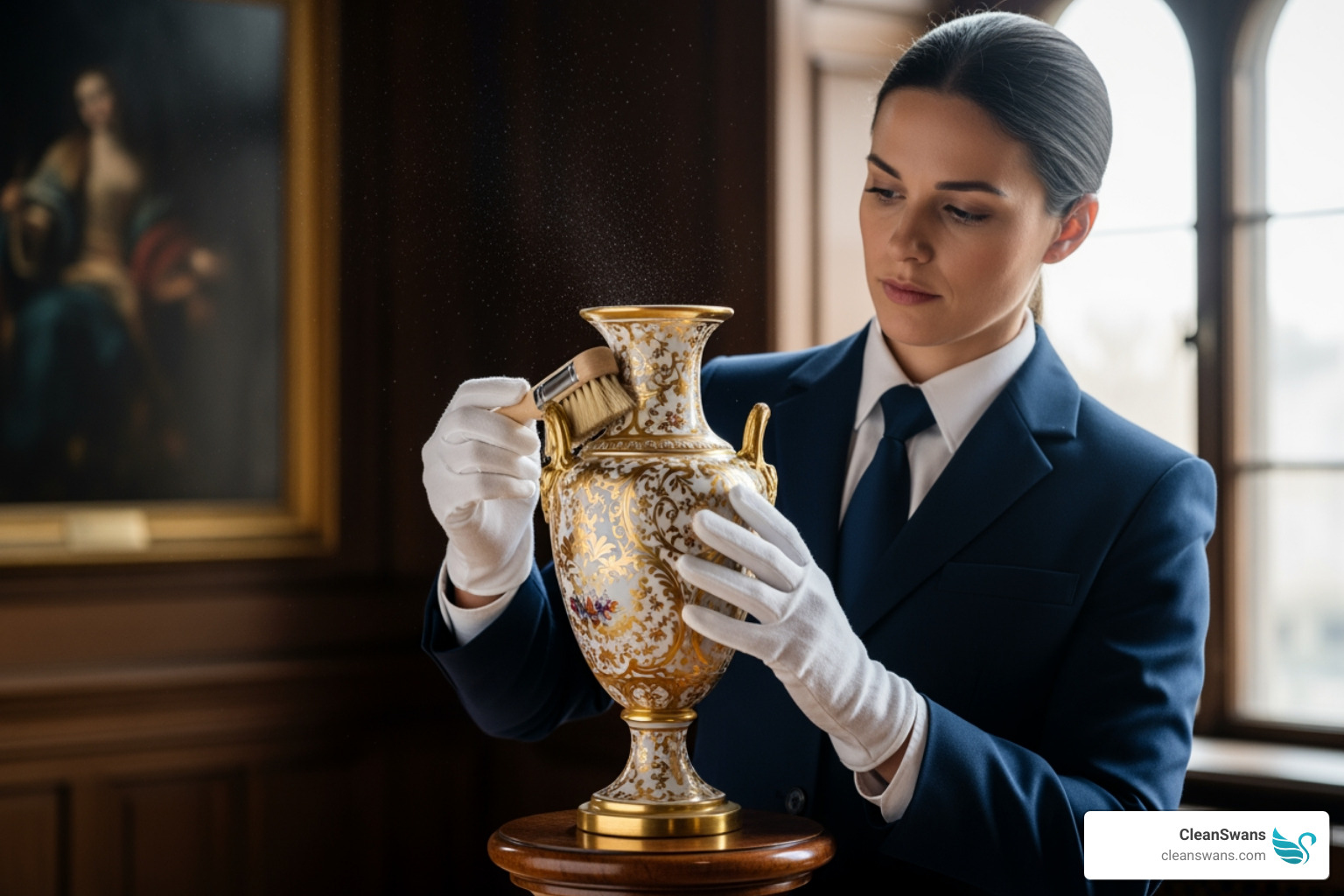 a uniformed cleaning professional carefully handling a delicate art object - elite luxury cleaning services