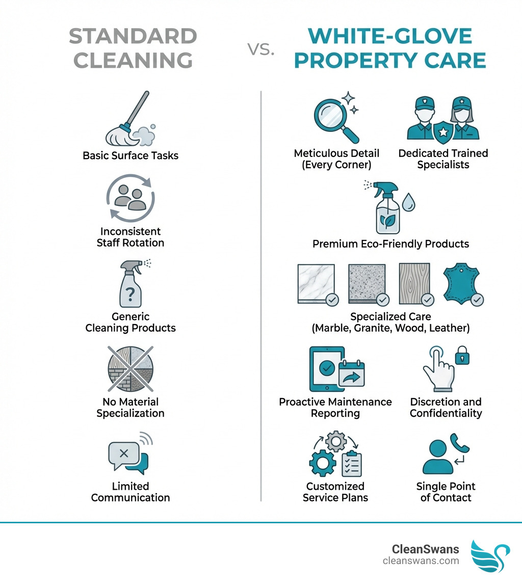Infographic comparing standard cleaning (basic surface tasks, inconsistent staff rotation, generic cleaning products, no material specialization, limited communication) versus white-glove property care (meticulous detail in every corner, dedicated trained specialists, premium eco-friendly products, specialized care for marble granite wood leather, proactive maintenance reporting, discretion and confidentiality, customized service plans, single point of contact) - Luxury Property Cleaning & White-Glove Concierge Services infographic 
