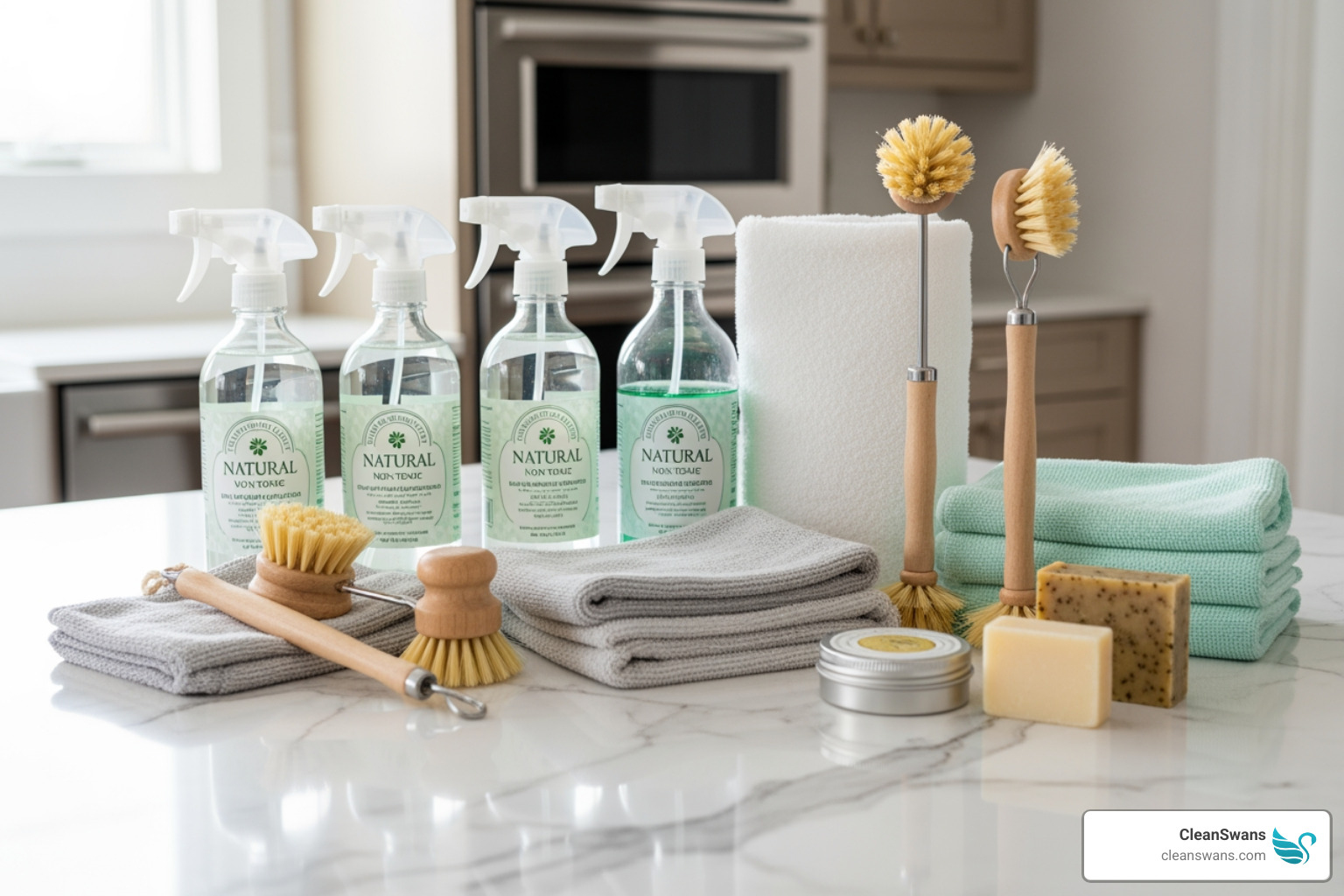 eco-friendly cleaning products on a marble countertop - Custom home cleaning