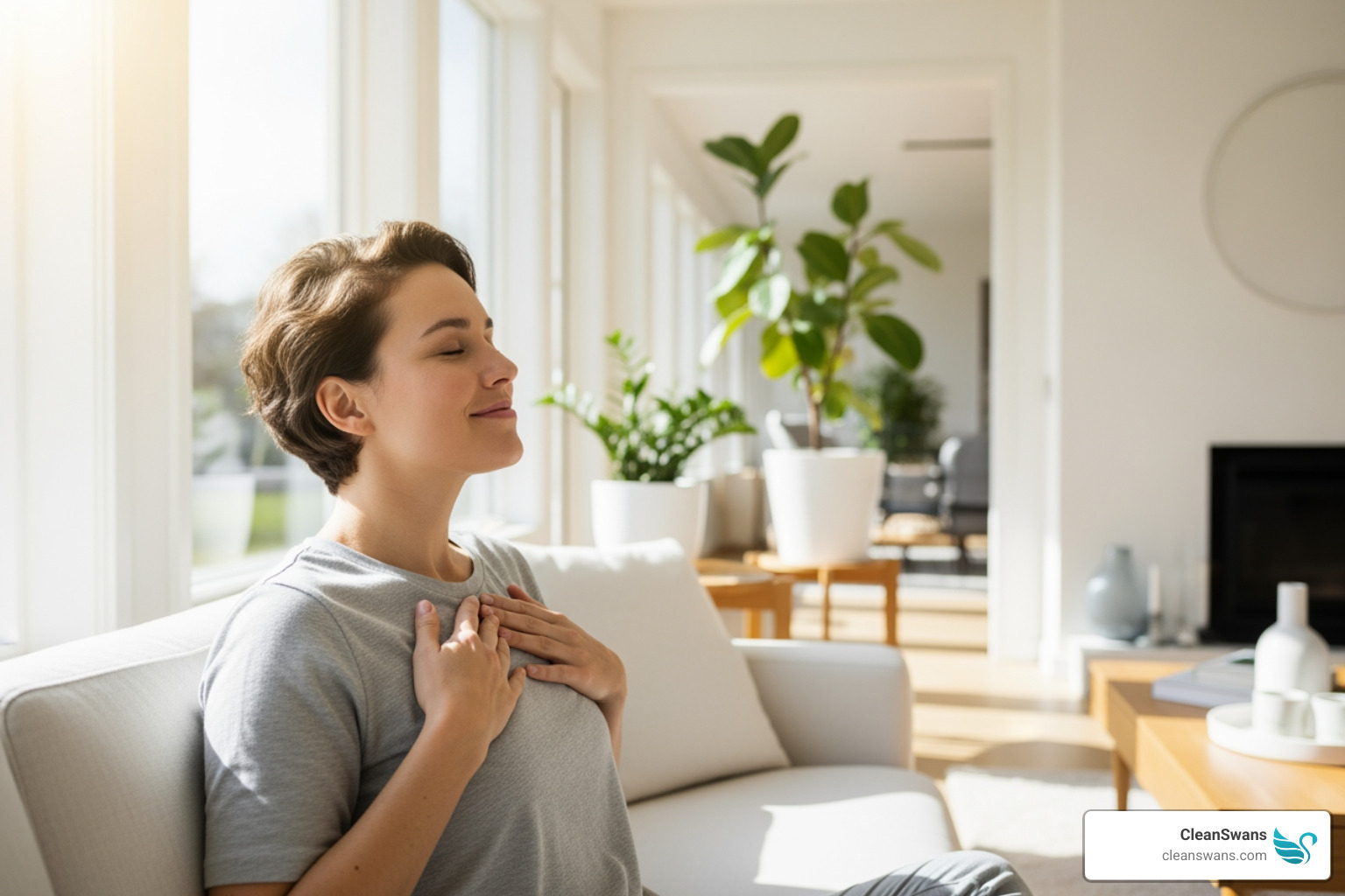 person with allergies breathing easily in a clean room - Custom home cleaning
