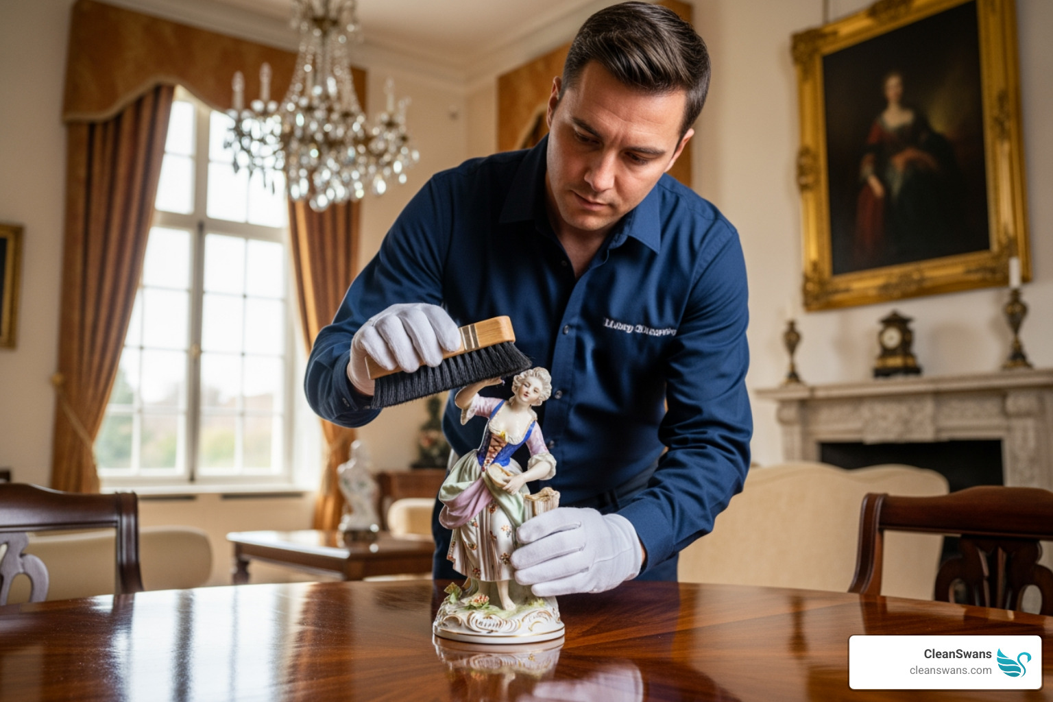 uniformed professional carefully dusting a delicate art object - high end house cleaning