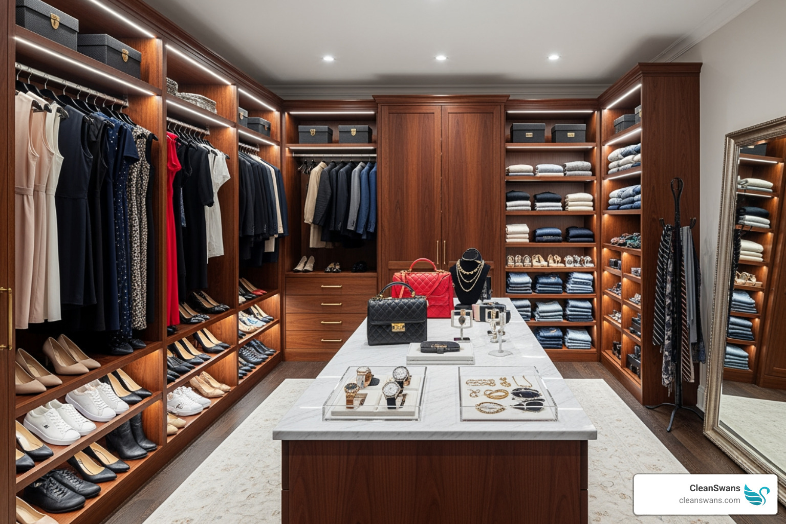 beautifully organized walk-in closet - high end house cleaning