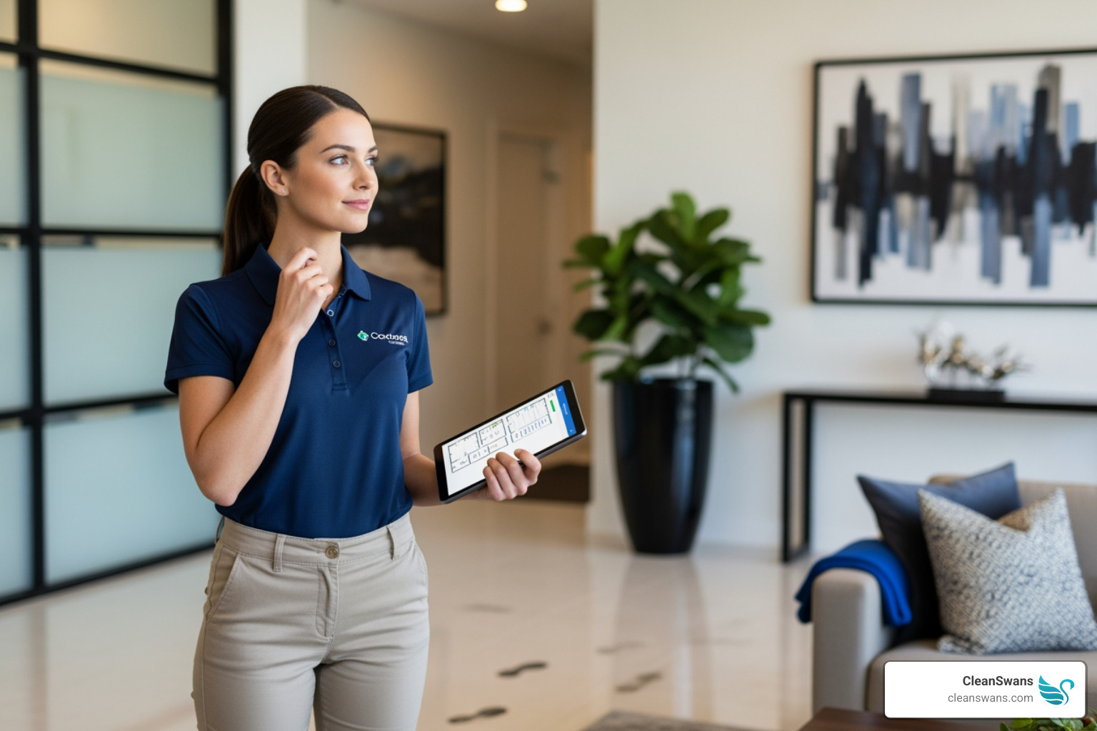 image of a CleanSwans professional assessing a space with a tablet - Custom cleaning plans