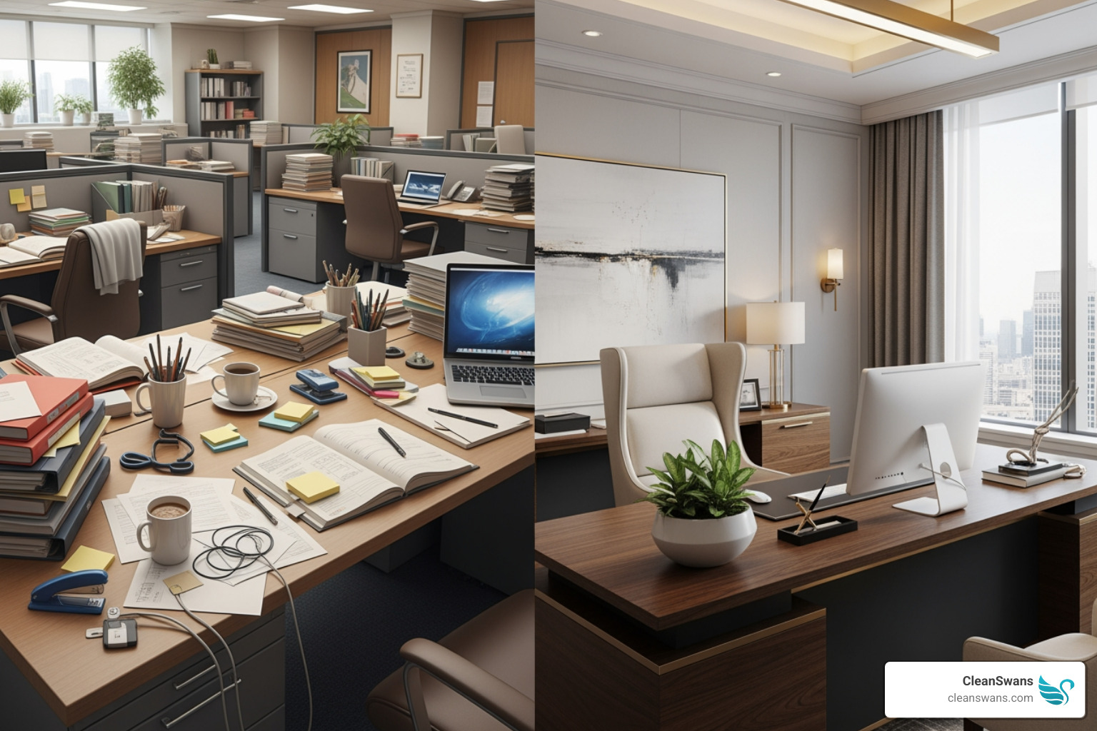image contrasting a cluttered generic office with a custom, clean executive suite - Custom cleaning plans