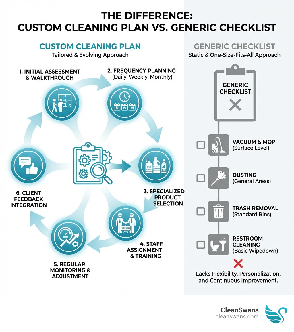 infographic showing the key components of a custom cleaning plan: initial assessment and walkthrough, frequency planning (daily/weekly/monthly tasks), specialized product selection, staff assignment and training, regular monitoring and adjustment, and client feedback integration—contrasted with a generic one-size-fits-all checklist - Custom cleaning plans infographic 