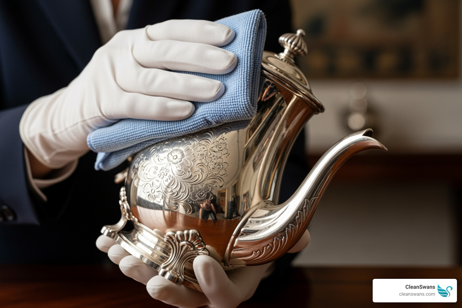Cleaner wearing white gloves carefully polishing a silver object - Bespoke & White-Glove Cleaning