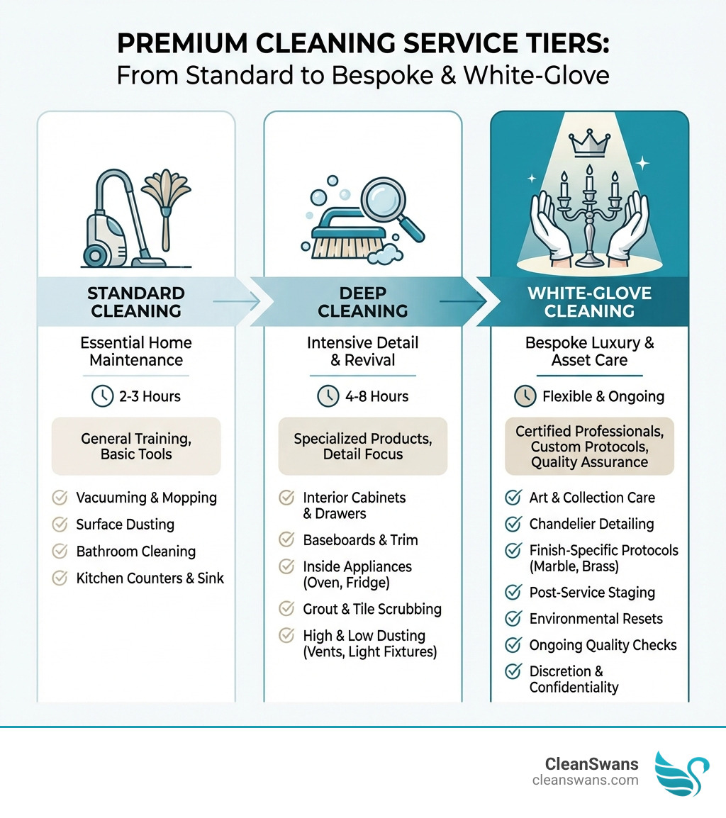 Infographic showing three tiers of cleaning service: Standard Cleaning (basic tasks like vacuuming, dusting, bathroom cleaning, completed in 2-3 hours with general training), Deep Cleaning (includes interior cabinets, baseboards, appliances, grout, taking 4-8 hours with specialized products), and White-Glove Cleaning (adds art and collection care, chandelier detailing, finish-specific protocols, post-service staging, environmental resets, delivered by certified professionals with custom protocols and ongoing quality assurance) - Bespoke & White-Glove Cleaning infographic 