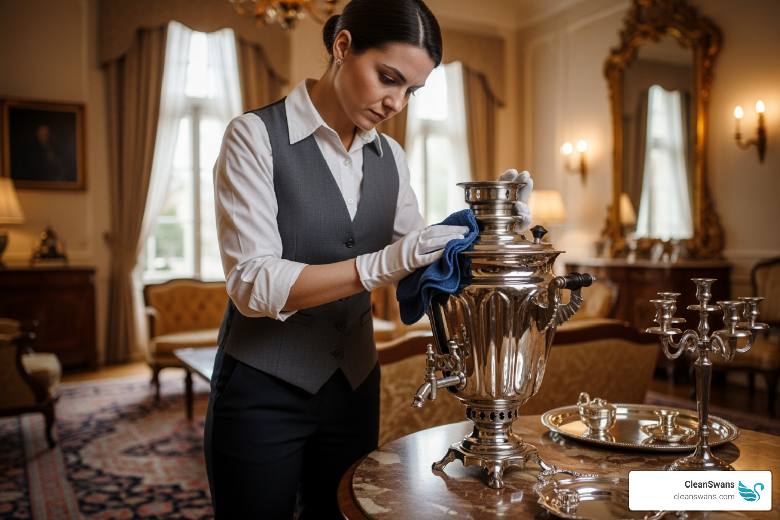 of a uniformed professional carefully polishing a silver artifact with a microfiber cloth - high end house cleaning services