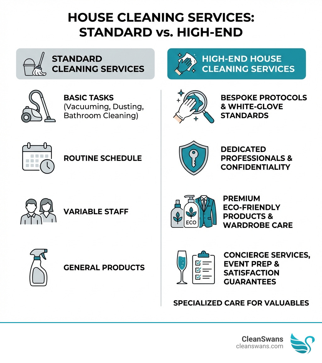Infographic showing the key differences between standard cleaning services and high end house cleaning services: Standard cleaning covers basic tasks like vacuuming, dusting, and bathroom cleaning on a routine schedule with variable staff and general products. High-end cleaning includes bespoke protocols, white-glove standards, dedicated professionals, specialized care for valuables, premium eco-friendly products, concierge services, event preparation, wardrobe care, and strict confidentiality with satisfaction guarantees. - high end house cleaning services infographic 