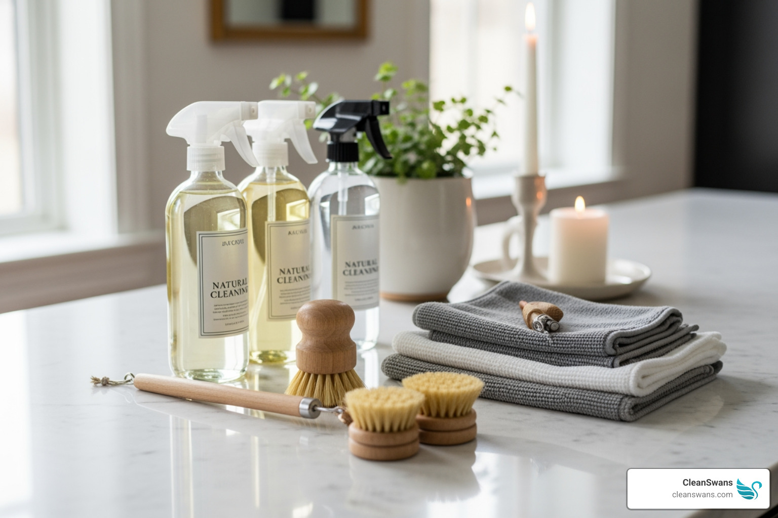 of various high-end, eco-friendly cleaning products arranged on a marble countertop - high end house cleaning services