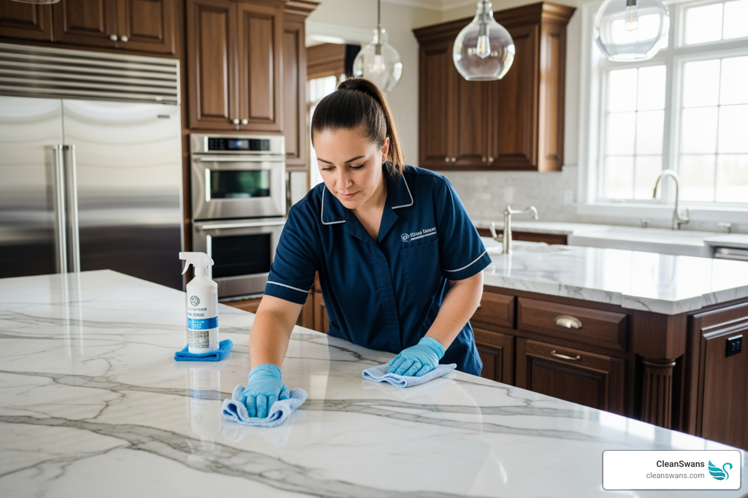 cleaning professional carefully polishing a high-end kitchen countertop - premium home cleaning service