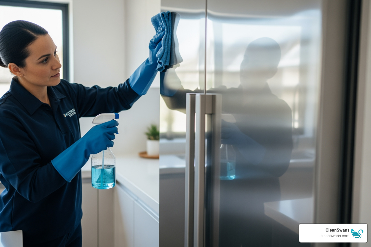 A cleaner carefully polishing a high-end kitchen appliance, reflecting a pristine surface - upscale cleaning services