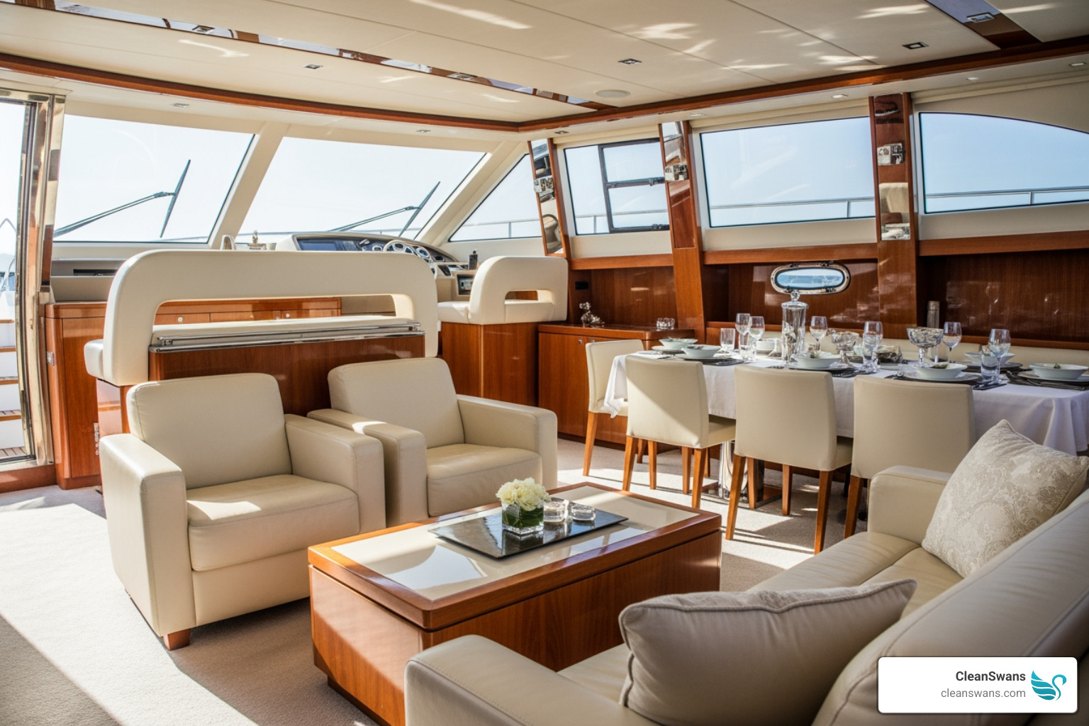 A clean and organized luxury yacht interior, showcasing a high standard of cleanliness and attention to detail - upscale cleaning services