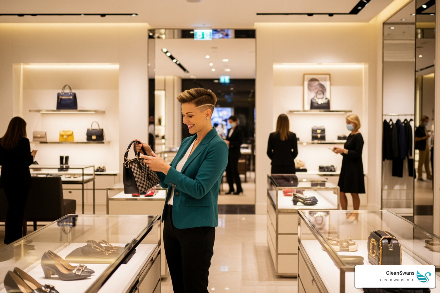 A happy customer browsing in a spotless, well-lit designer store, emphasizing the positive impact of cleanliness on the shopping experience. - High-end retail cleaning