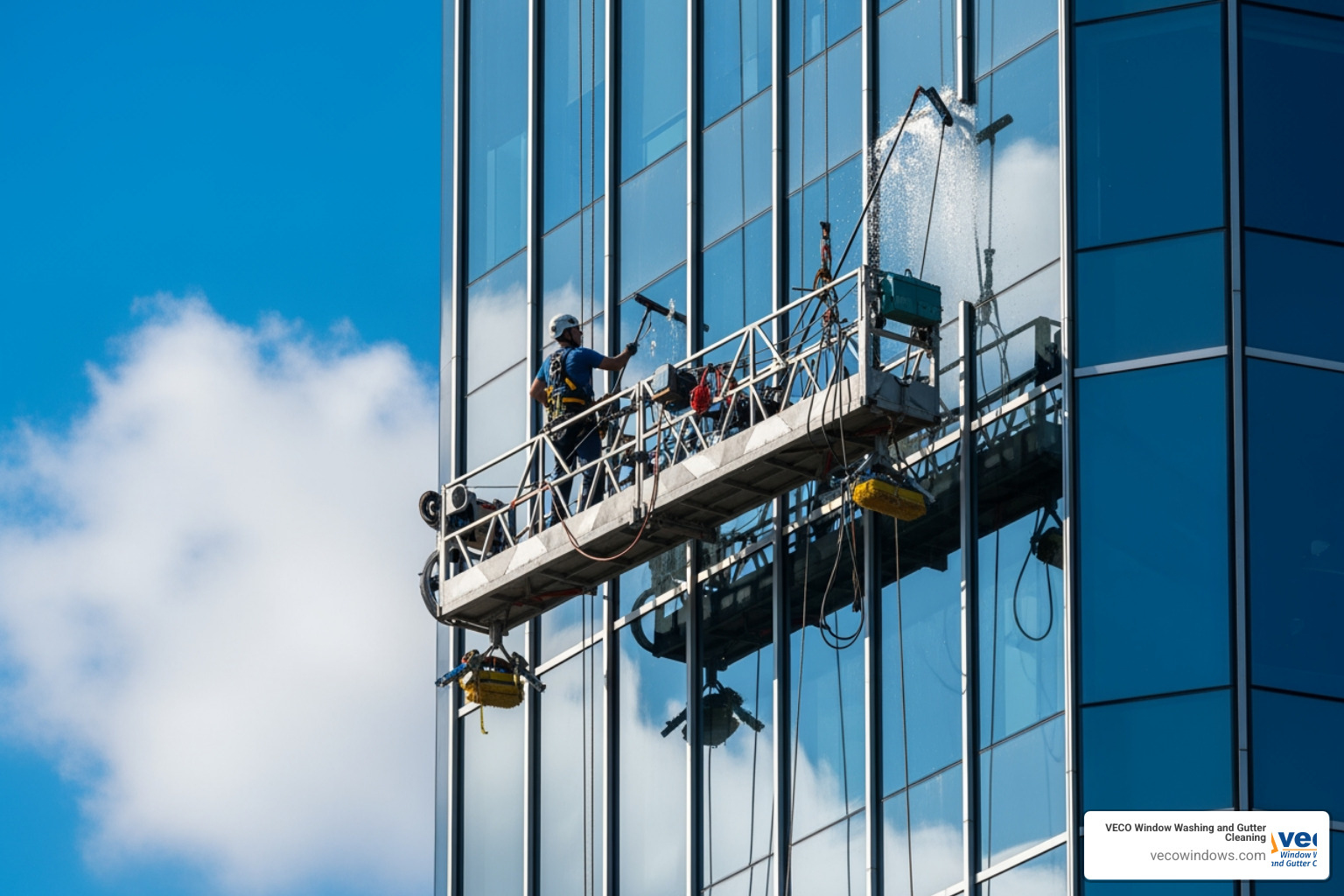 Specialized high-rise window cleaning equipment, such as a worker on a suspended platform or using a water-fed pole system - commercial and residential window cleaning Specialized high-rise window cleaning equipment, such as a worker on a suspended platform or using a water-fed pole system - commercial and residential window cleaning