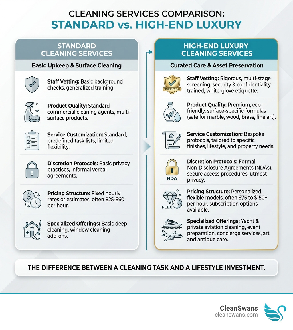 infographic comparing standard cleaning services to high-end luxury cleaning services, showing differences in staff vetting, product quality, service customization, discretion protocols, pricing structure, and specialized offerings like yacht or private aviation cleaning - high end cleaning company infographic 