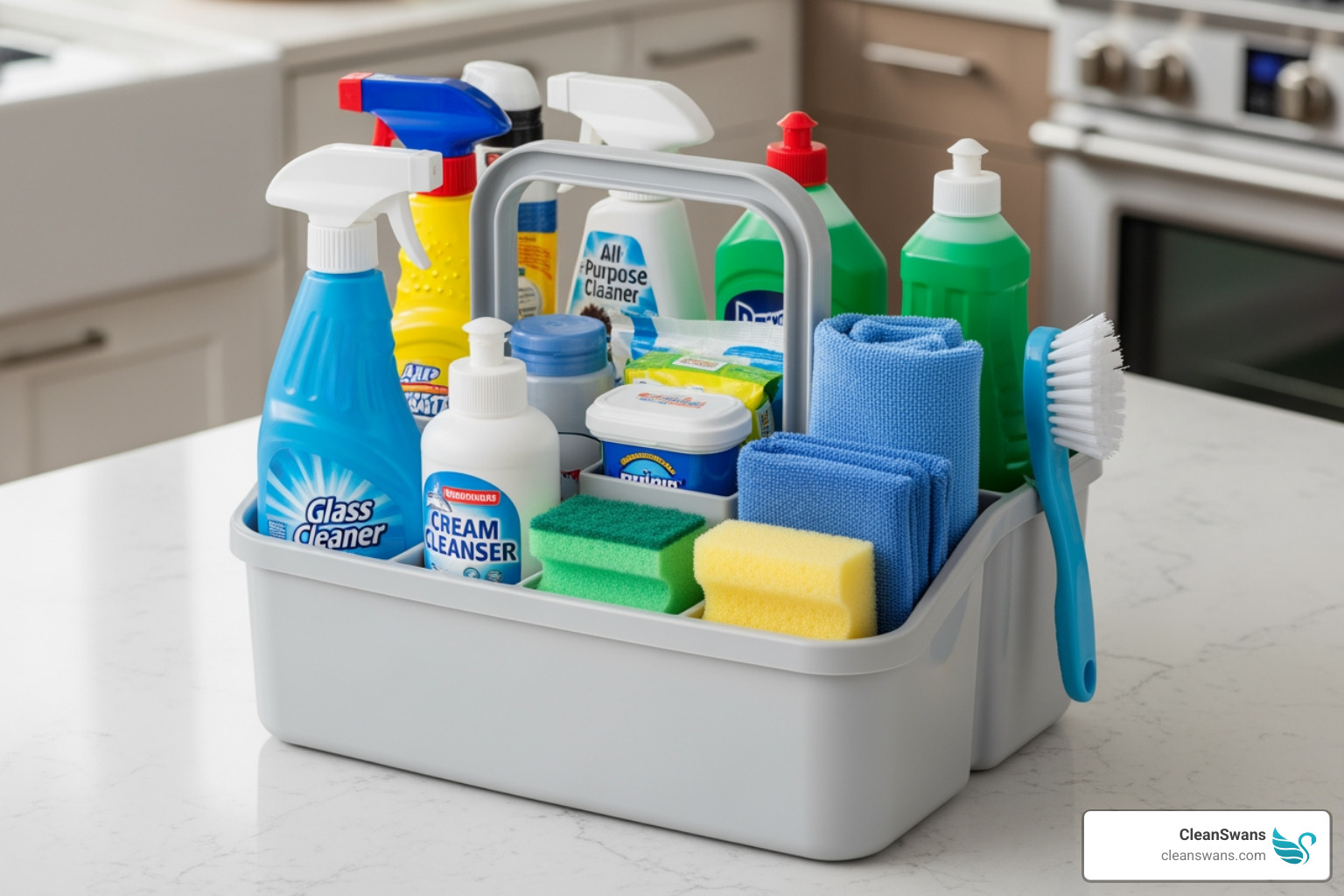 A fully stocked, organized cleaning caddy - Holiday home cleaning