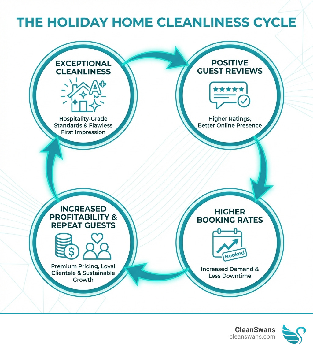 Infographic showing the cycle: Exceptional Cleanliness leads to Positive Guest Reviews, which drives Higher Booking Rates, resulting in Increased Profitability and Repeat Guests - Holiday home cleaning infographic 
