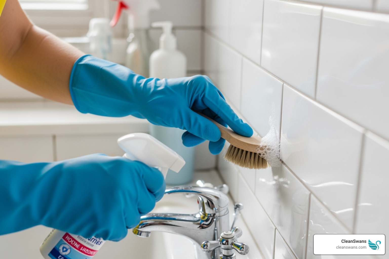 uniformed CleanSwans professional carefully cleaning an intricate chandelier - Detail oriented cleaning