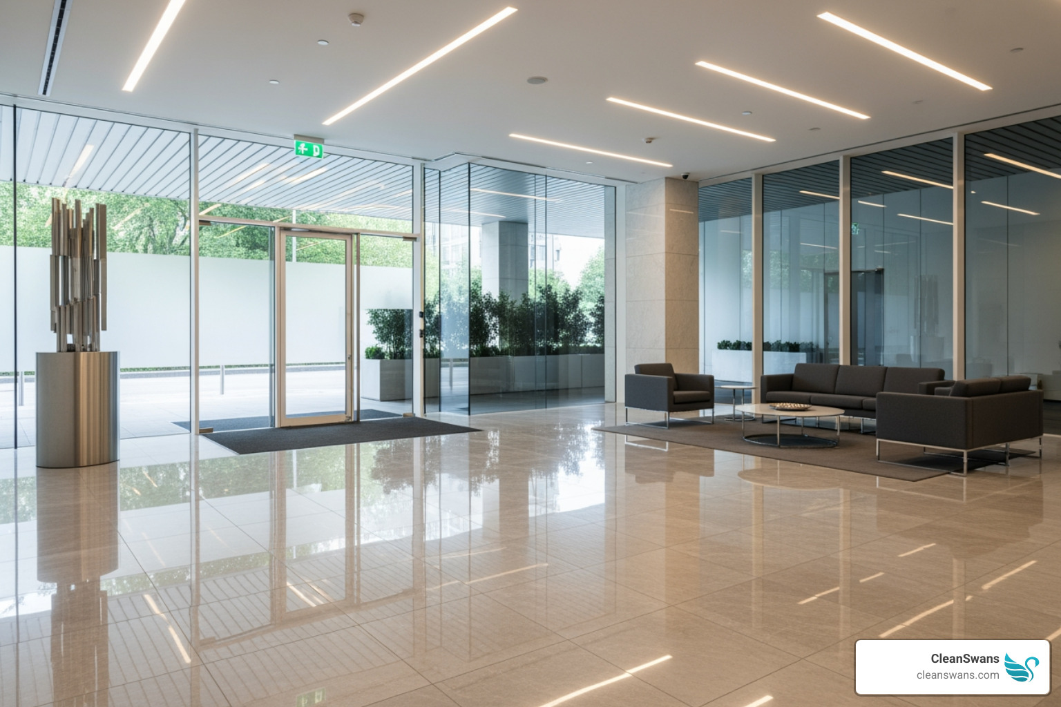 sparkling clean commercial office lobby with polished floors and streak-free glass - Detail oriented cleaning