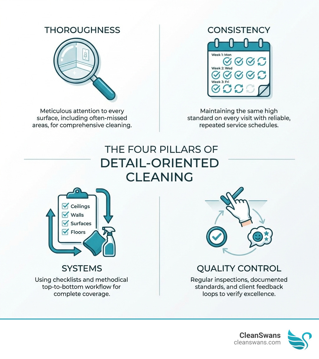 infographic showing the four pillars of detail-oriented cleaning: Thoroughness with a magnifying glass icon over surfaces, Consistency with a calendar showing repeated service dates, Systems with a checklist and arrows showing top-to-bottom workflow, and Quality Control with inspection marks and client feedback loops - Detail oriented cleaning infographic 