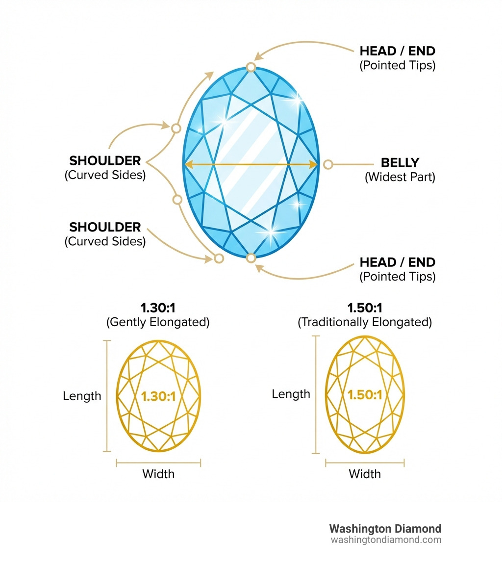 Infographic showing the anatomy of an oval diamond with labeled parts including the head or end (pointed tips), shoulder (curved sides connecting tip to widest point), and belly (widest part of the diamond), along with visual representation of length-to-width ratios from 1.30:1 (gently elongated) to 1.50:1 (more traditionally elongated) - oval diamond engagement ring infographic 
