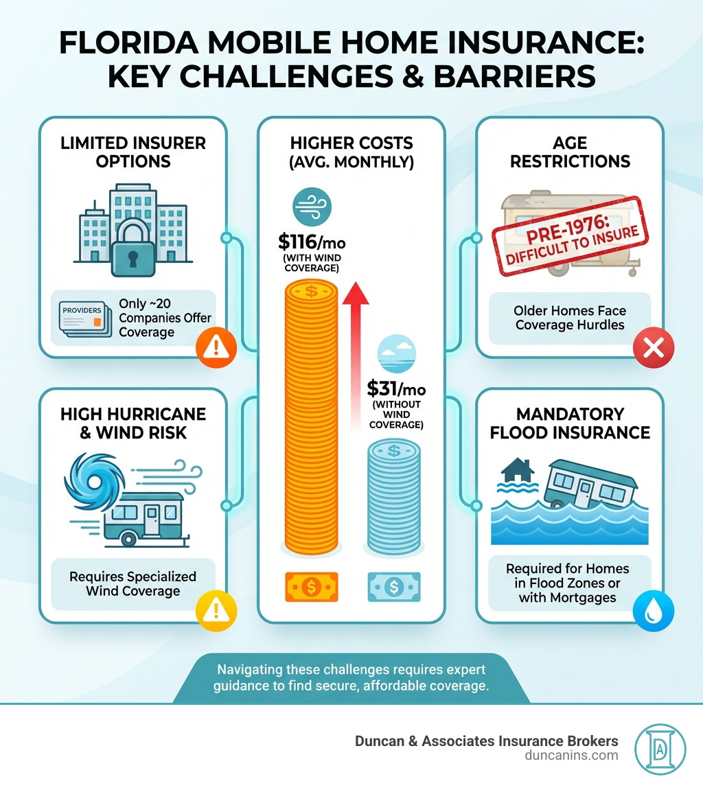 Infographic showing the key challenges of insuring mobile homes in Florida: limited insurer options with only 20 companies offering coverage, high hurricane and wind risk requiring specialized wind coverage, higher costs averaging $116/month with wind coverage versus $31/month without, age restrictions with pre-1976 homes being difficult to insure, and mandatory flood insurance requirements for homes in flood zones or with mortgages - who insures mobile homes in florida infographic 