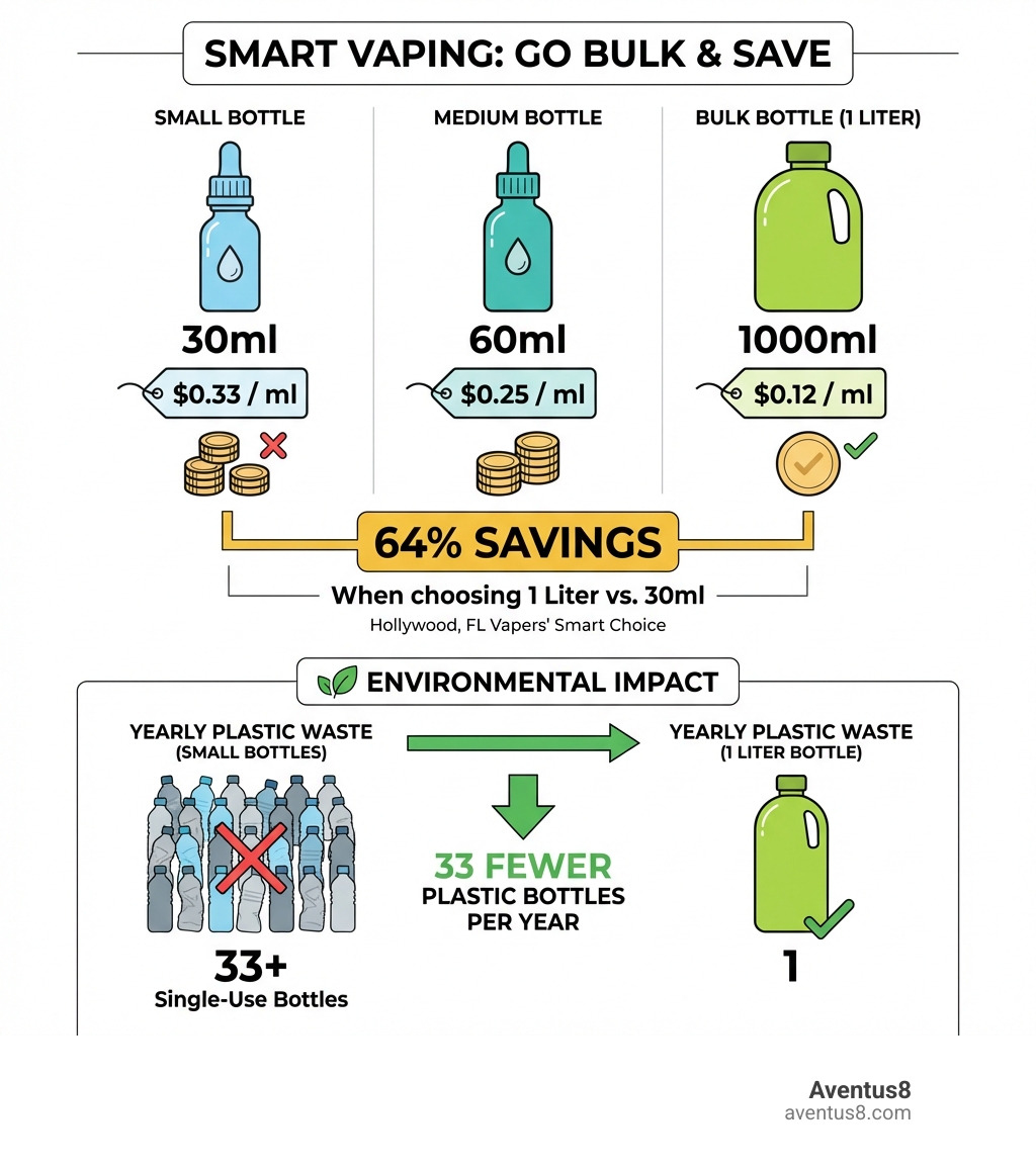 Infographic showing cost-per-ml comparison: 30ml bottle at $0.33/ml vs 60ml bottle at $0.25/ml vs 1 liter (1000ml) bottle at $0.12/ml, highlighting 64% savings for Hollywood, FL vapers who buy bulk, with environmental impact showing 33 fewer plastic bottles per year when choosing 1-liter format - 1 liter bottle of vape juice infographic Infographic showing cost-per-ml comparison: 30ml bottle at $0.33/ml vs 60ml bottle at $0.25/ml vs 1 liter (1000ml) bottle at $0.12/ml, highlighting 64% savings for Hollywood, FL vapers who buy bulk, with environmental impact showing 33 fewer plastic bottles per year when choosing 1-liter format - 1 liter bottle of vape juice infographic