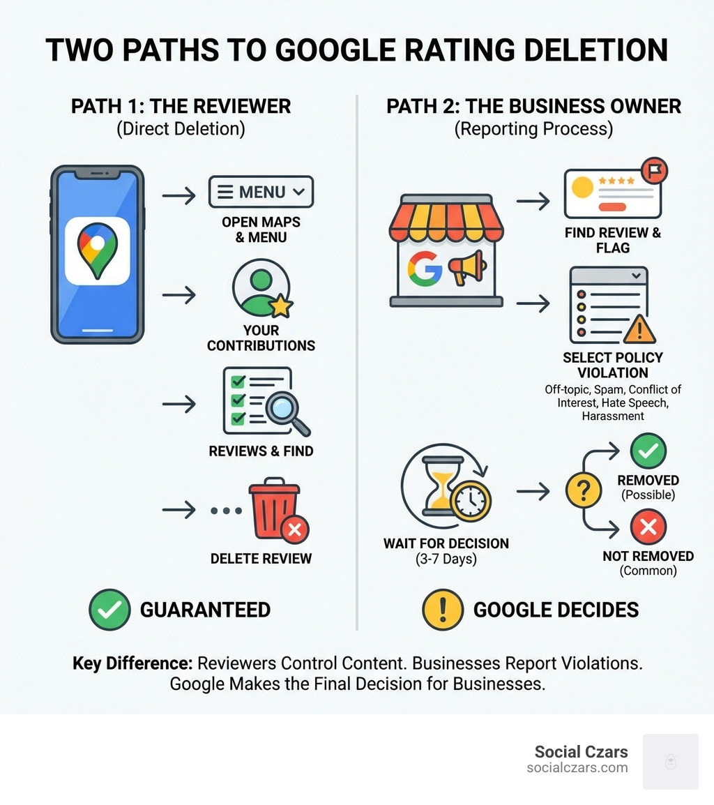 Infographic showing two paths to deleting a Google rating: the reviewer's direct deletion process through Google Maps contributions, and the business owner's reporting process through flagging inappropriate content with policy violation categories listed - how to delete google rating infographic 